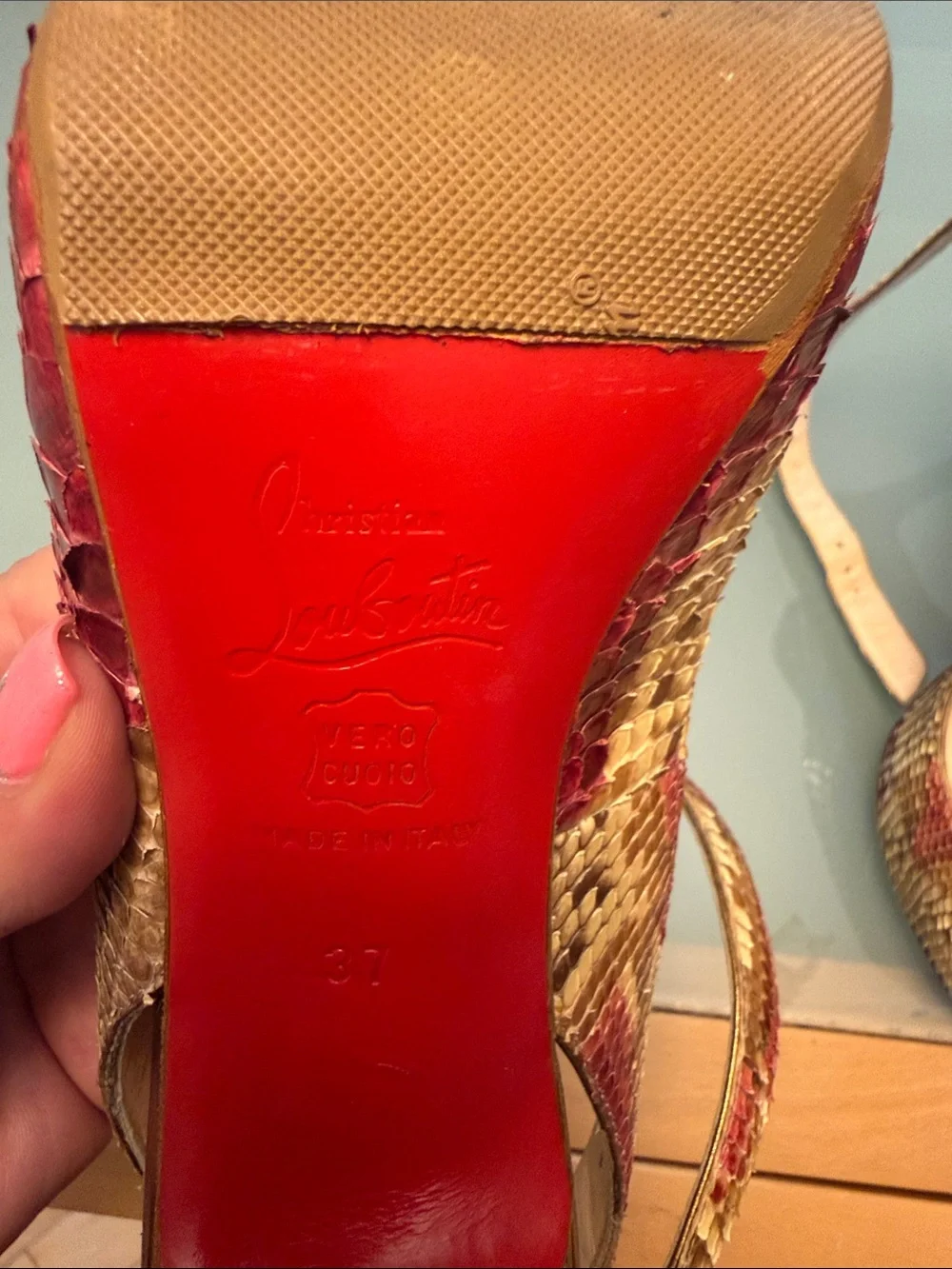 Christian Louboutin Red and Gold Snake-Embossed Peep-Toe Slingbacks